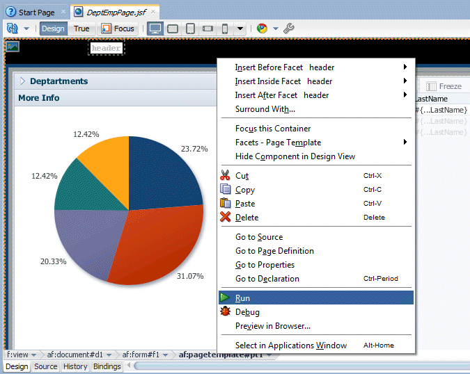 Cursor in DeptEmpPage and Run selected in context menu.