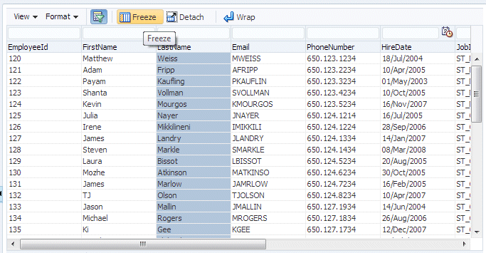 Run time view of Departments table with Freeze button clicked. Scroll bar displays at bottom of table to allow the user to scroll across to columns at right end of table and currently out of view.