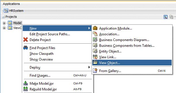 App Navigator with demo.model package selected and New View Object chosed from context menu.