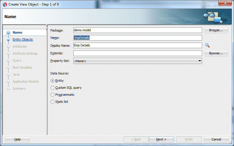 Create View Object wizard Step 1 with EmpDetails in Name field and Entity Object radio button clicked.