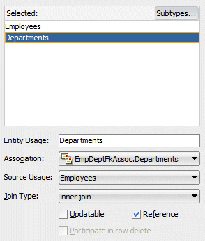 Create View Object Step 2: Employees and Departments entity objects have been shuttled into Available box