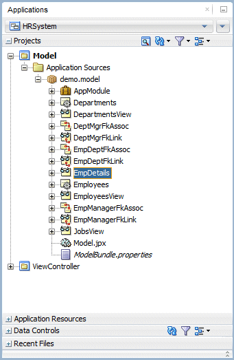 App Navigator with new EmpDetails view object selected.