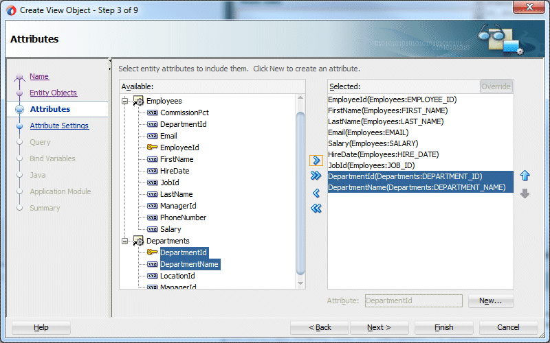 Attributes page showing listed attributes in Selected pane.