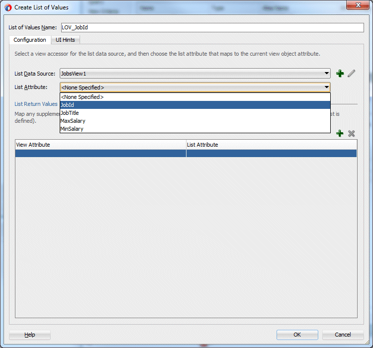 Create List of Values dialog with drop down list for List Attribute with cursor over JobId to select it.