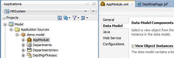 App Navigator with AppModule selected and to the right, AppModule.xml open for editing. Data Model tab is selected.