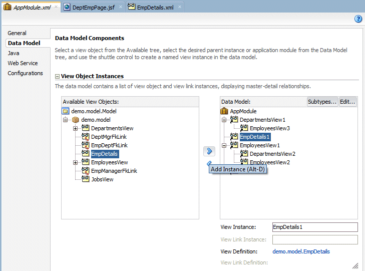 Data Model tab of AppModule.xml file. EmpDetails is selected in the Available View Objects pane and cursor is pointing to the arrow ready to shuttle it into the Data Model pane.