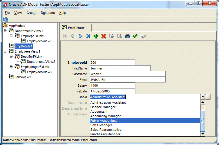Bus Comps Browser as before with LOV_JobId popup displaying list of job titles. Cursor is over Administration Assistant.