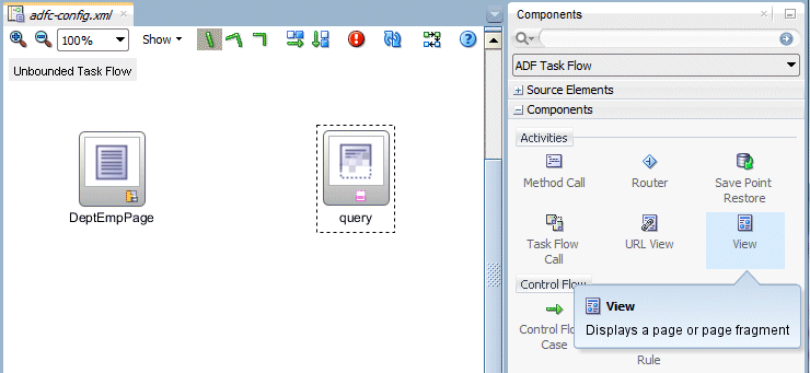 Task flow diagram showing two views, DeptEmpPage and Query. 