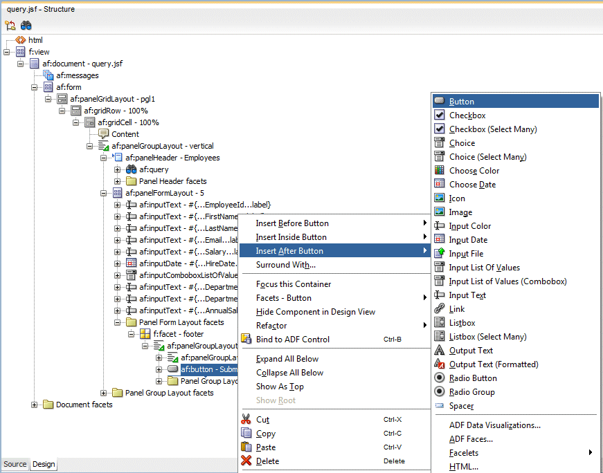Structure window showing context menu with Insert after af:commandButton - Submit > Button menu selected.