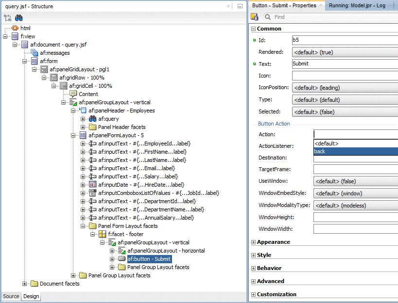 PI showing Button properties with Action property dropdown and back selected.