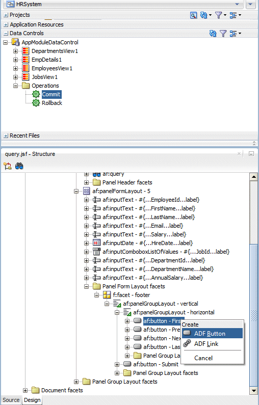 Data Controls accordion with Commit operation selected; below it the Structure window with cursor pointing above the First command button 