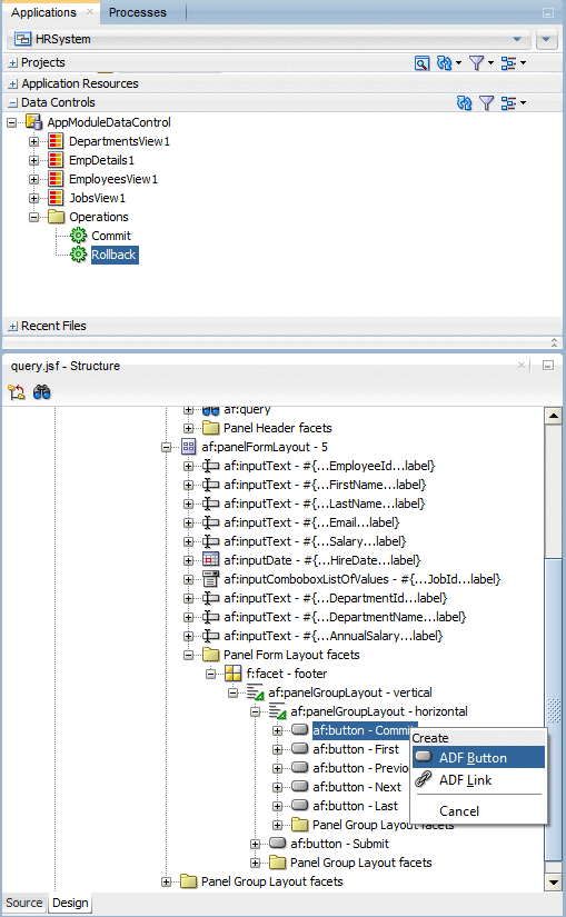 Data Controls accordion with Rollback operation selected; below it the Structure window with cursor pointing above the First command button
