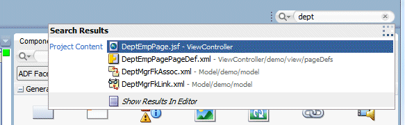 Dept in Search box at top right of page: window displays results of search operation - DeptEmpPage selected.