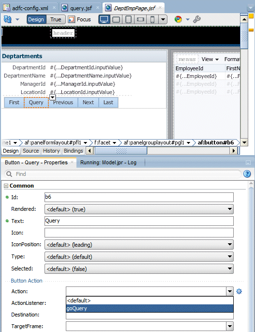 PI with Query in Text property anddrop down list to right of Action property with goQuery option selected.
