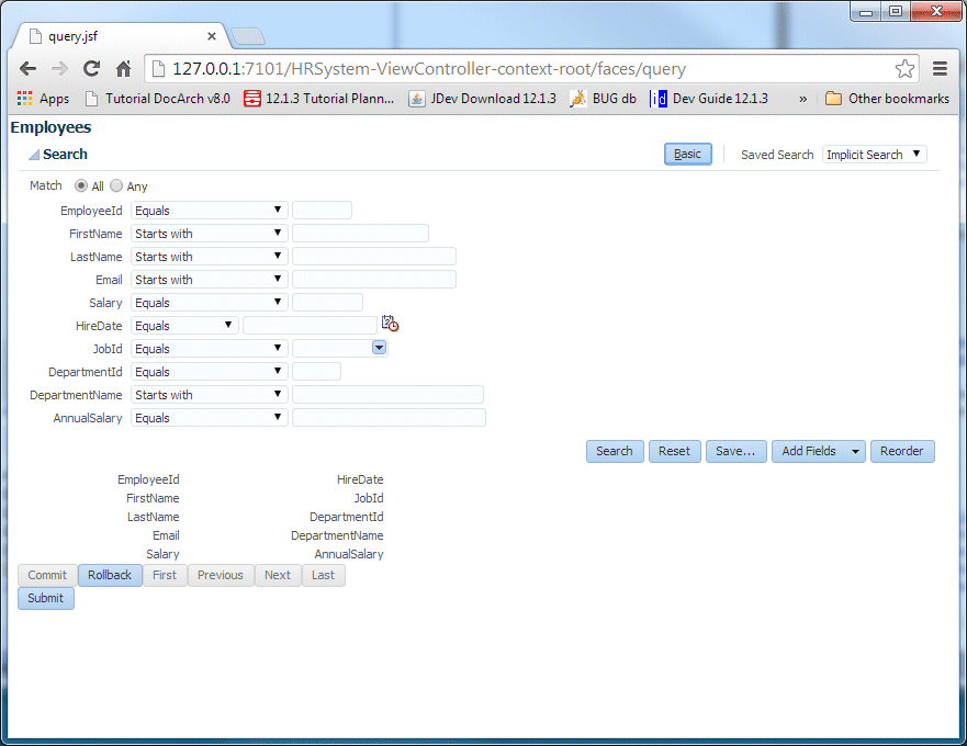 Runtime view of page in browser; cursor is over the Advanced button.