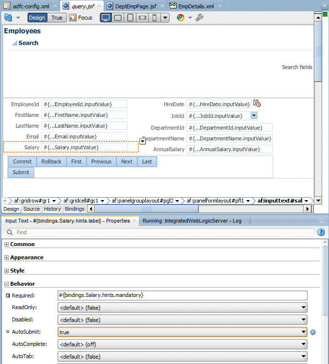 As previous image but showing AutoSubmit property set to true.