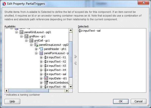 Edit Property: Partial Triggers dialog - inputText -sal selected and cursor over arrow pointing to the right.