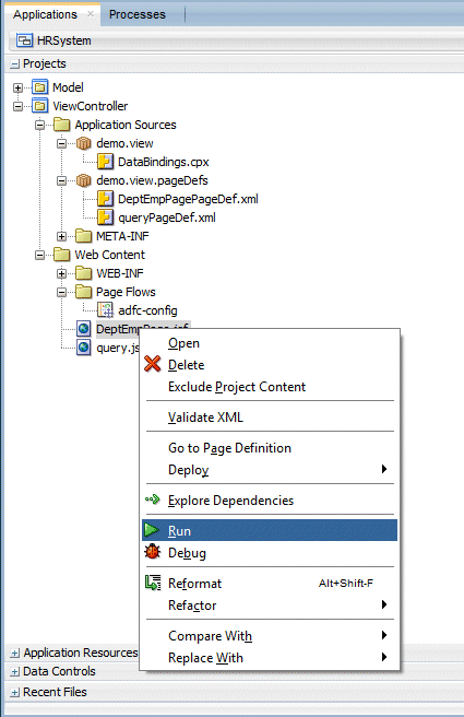 App Navigator with DeptEmpPage selected andand cursor on Run in context menu.