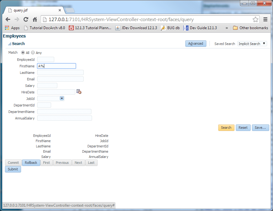Search page with A% in FirstName field and cursor on Search field.