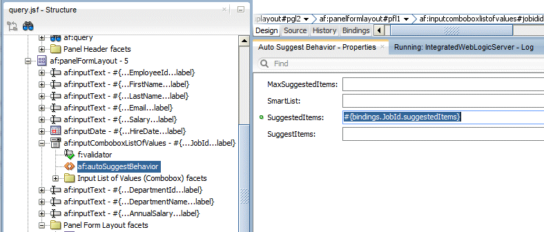 Insert Auto Suggest Behavior dialog with bindings String highlighted in Suggested Items field.