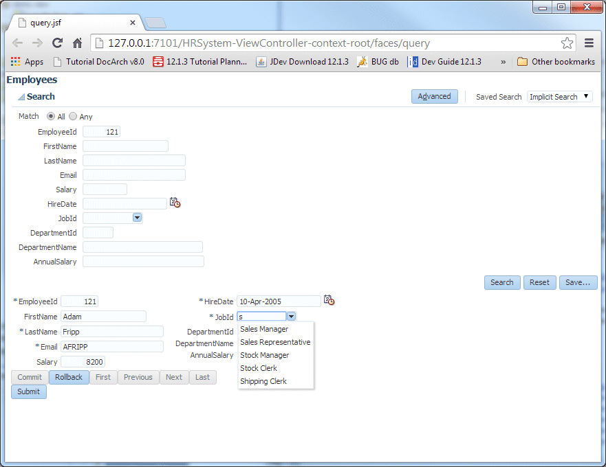Search page with 121 in EmployeeId field and record for Adam Fripp displayed in results fields. JobId field contains letter 's' and displays list of jobs beginning with letter 's'.