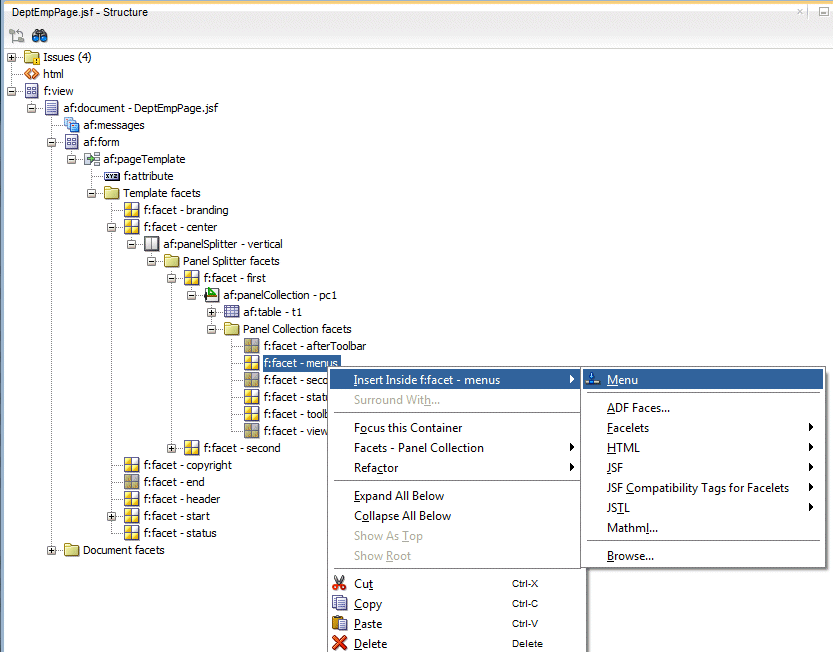 menus facet at top of DeptEmpPage selected and Insert inside Facet selected in context menu.