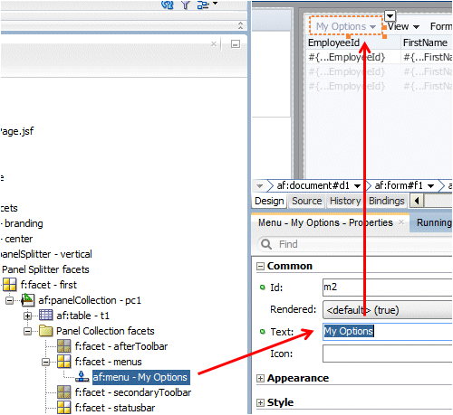 PI showing Test property of menu set to 'My Options'.