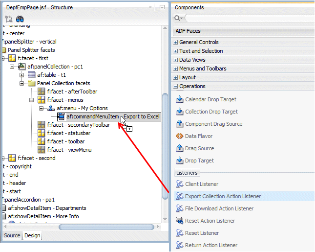Structure window and PI side by side with Export CollectionAction Listener in process of being dragged onto menu item Export to Excel.