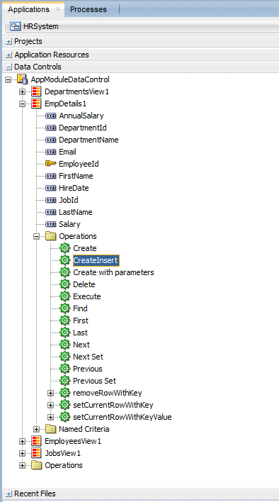Data Controls accordion with EmpDetails1 node expanded and Operations node expanded. CreateInsert Operation is selected