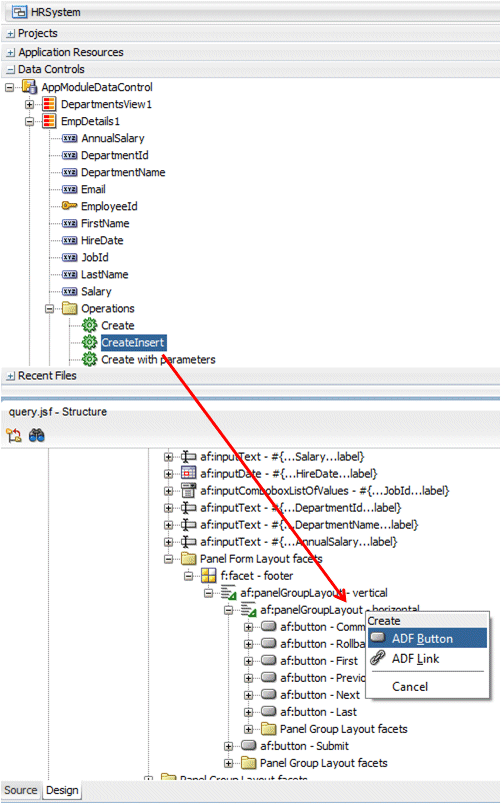 Data Controls accordion with Structure window below. CreateInsert operation has been dragged to panelGroupLayout in footer facet of the Query page. Create menu displays with ADF Button option selected.