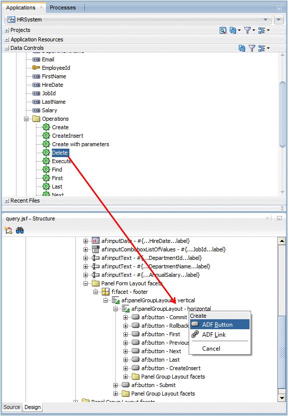 Data Controls accordion with EmpDetails1 node and Operations node expanded and Delete operation selected.