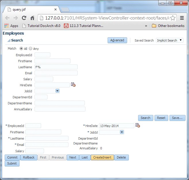 Run time view of Query page with F% in LastName field as before. Cursor over CreateInsert button and Pat fay record has been refreshed to show empty fields allowing for new record to be inserted.