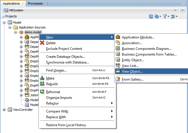 App Navigator with demo.model package selected and New View Object selected in context menu.