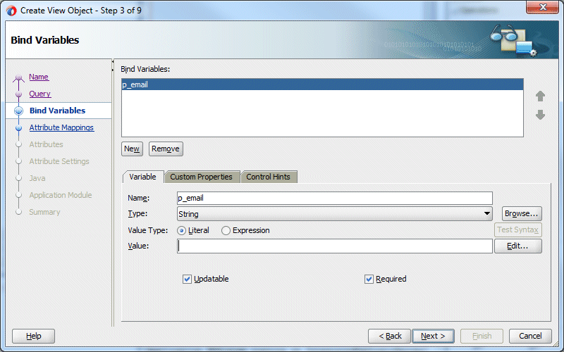 Step 3 of the wizard with p_email bind variable highlighted in the Variable Name box. Literal radio button is selected and Updatable checkbox checked.