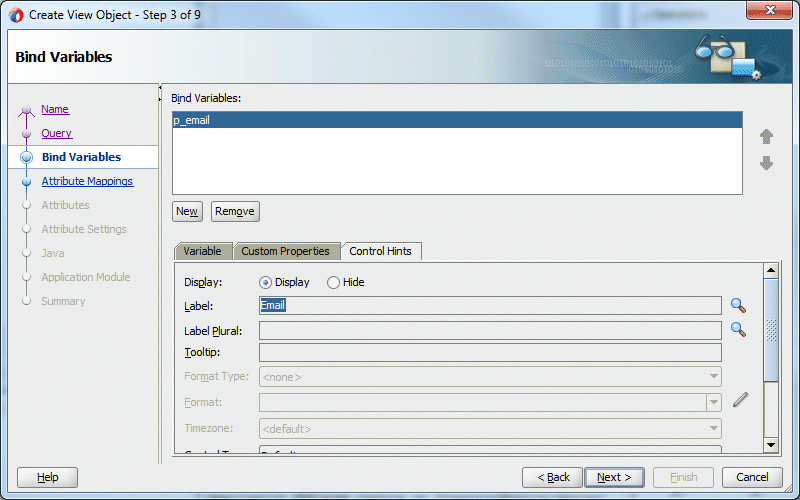 Step 3 of wizard as before but with Control Hints tab selected. Email highlighted in Label Text field.