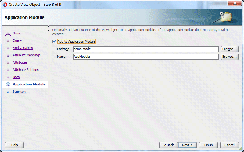 Step 8 of the wizard with Add to Application Module checkbox checked.