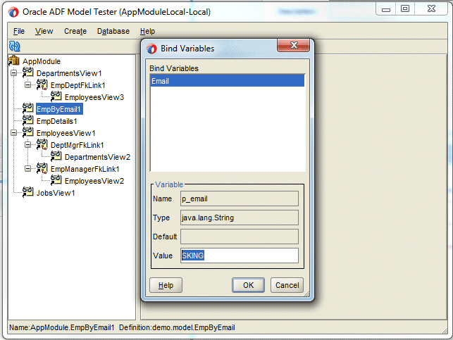 Bus Comp Browser with EmpByEmail selected; Bind Variables popup window with SKING highlighted in Value field and cursor on OK button.