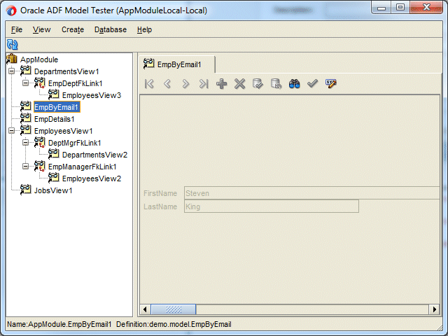 Bus Comp browser showing results of pressing OK in previous image: FirstName and LastName fileds have values displayed for the email value entered previously.