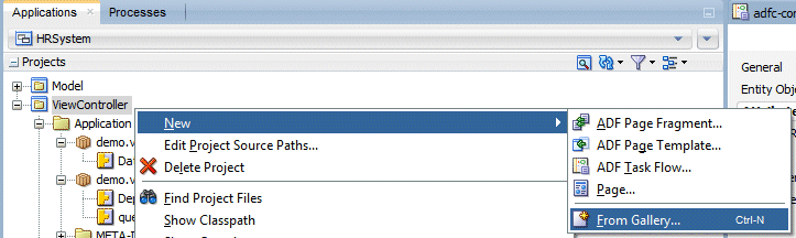 App navigator with ViewController project selected and New menu option selected in context menu.
