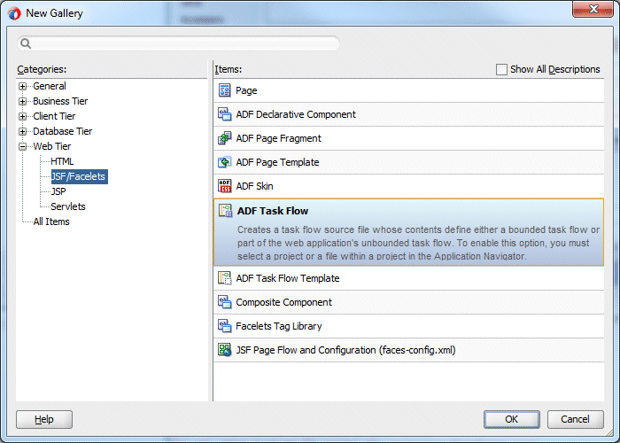 New Gallery with JSF/Facelets selected in Categories pane (on left) and ADF Task Flow selected in Items pane (on right).