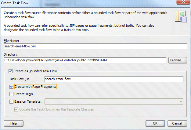 Create Task Flow dialog with search-email-flow.xml highlighted in File Name box, Create as Bounded Task Flow and Create with Page Fragments checkboxes are both checked.