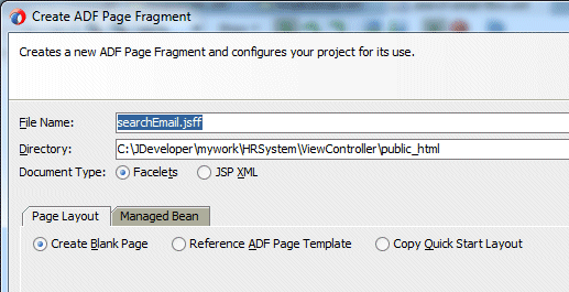 Create ADF Page Fragment dialog with File Name searchEmail.jsff highlighted and cursor over OK button.
