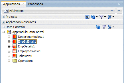 Data Controls accordion with EmpByEmail1 node selected.