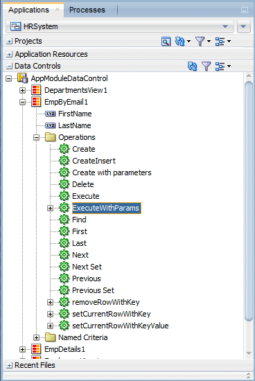 As previous image but EmpByEmail node is expanded and Operations sub-node is also expanded. ExecuteWithParams operation selected.