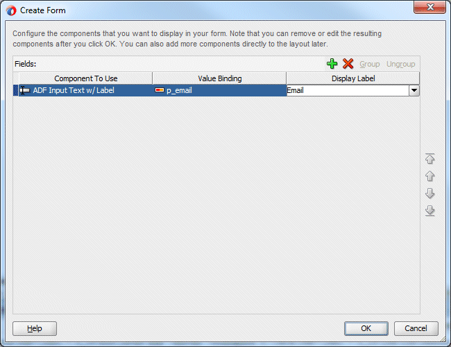 Edit Form Fields dialog with the p_email field selected and Display Label field changed to Email.