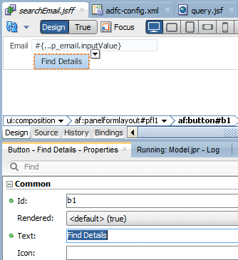 searchEmail.jsff open in design Editor with ExecuteWithParams button selected. PI shows properties with Text property set to Find Details.