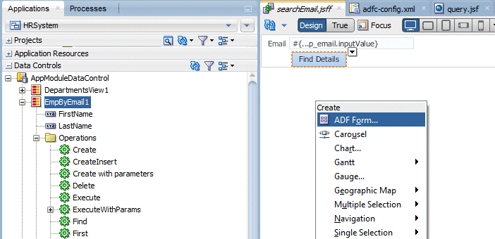 App Navigator with EmpByEmail selected in Data Controls accordion. Design Editor shows the view being dropped onto the page fragment as an ADF Read-only Form.