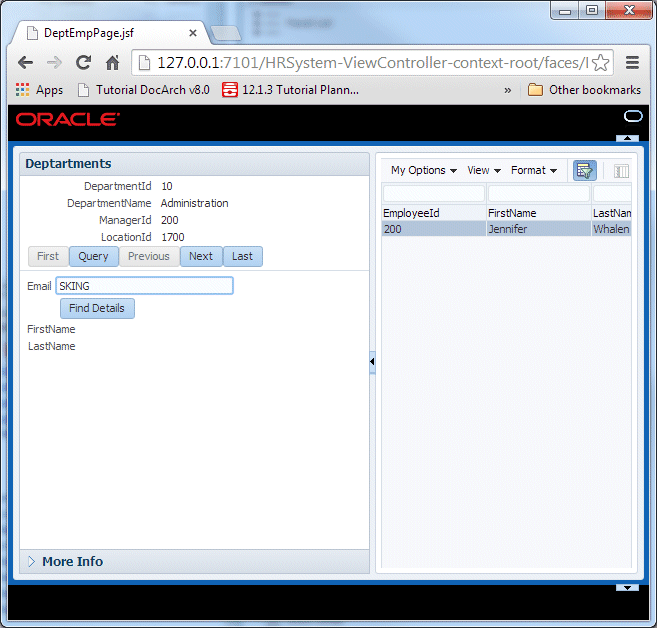 Run time view of the Departments page with SKING in the Email field and cursor over the Find Details button.