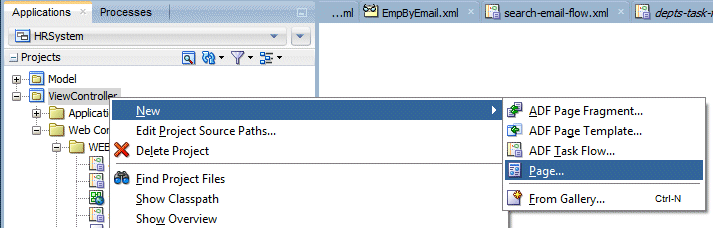 App navigator with ViewController project selected and New menu option selected in context menu.