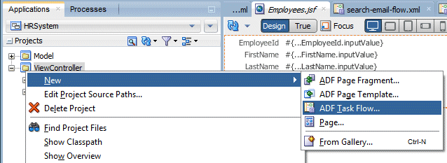 App navigator with ViewController project selected and New menu option selected in context menu.